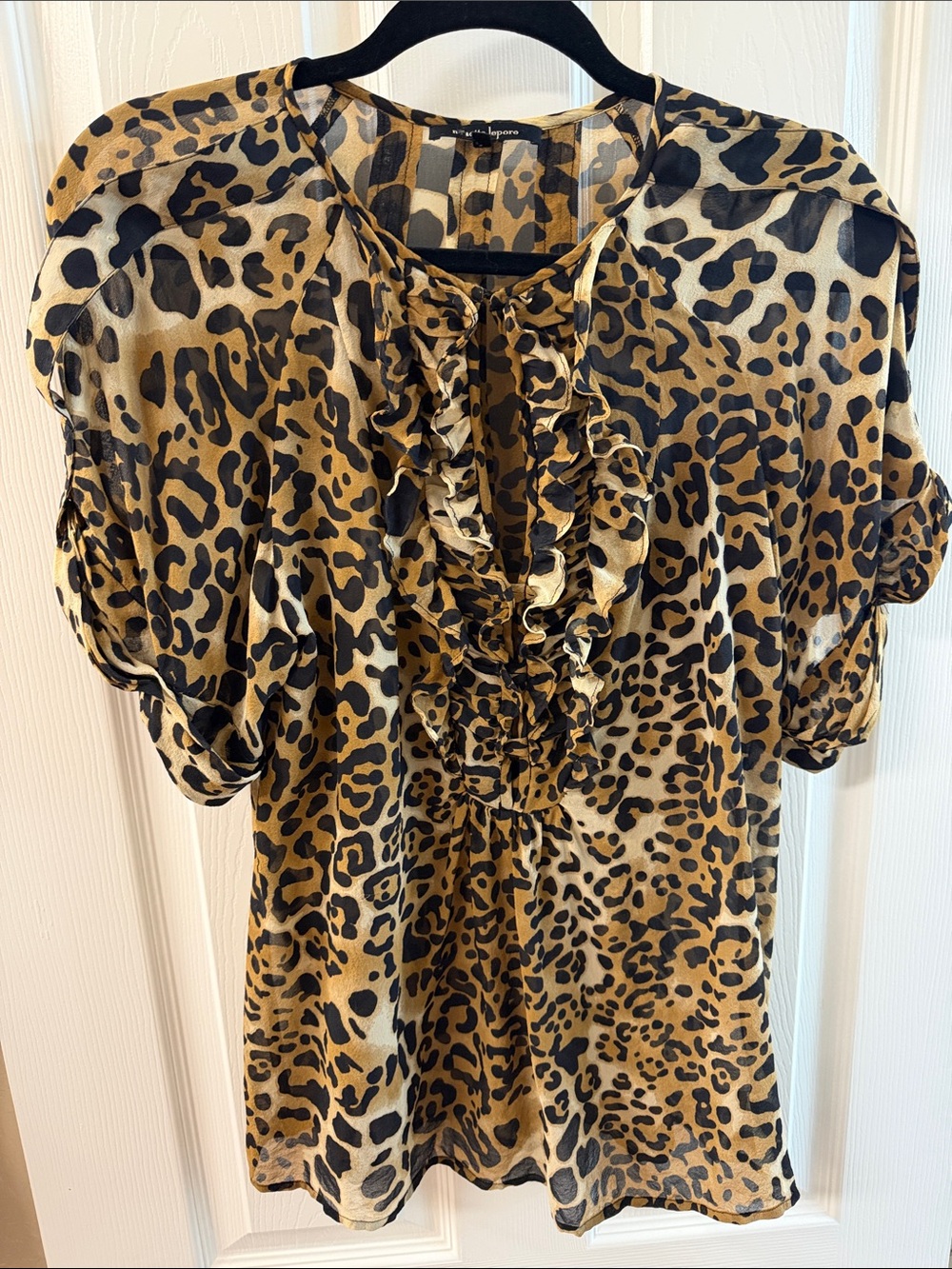 Nanette Lepore Leopard Print Ruffle V-Neck Blouse - Tan & Black